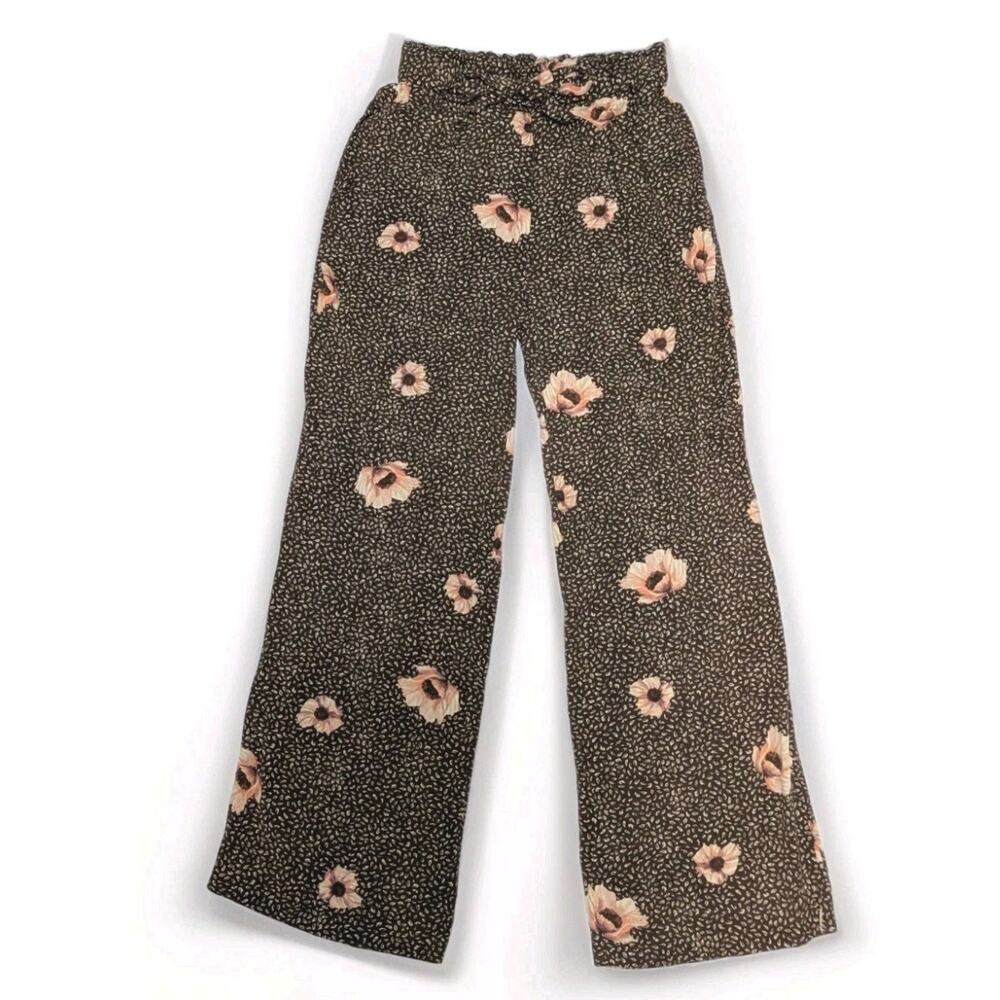 H&M Paperbag Wide Trousers Pants Floral High Rise Belted Brown Autumn Fall Sz 4 - Picture 5 of 9